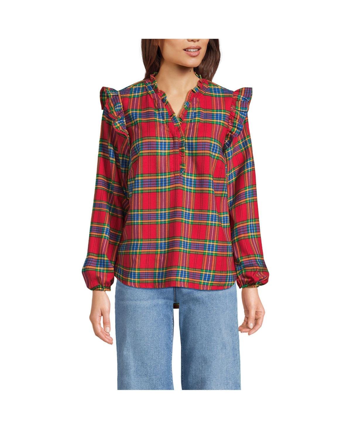 Womens Lands End Ruffle Front Flannel Popover Blouse Deep Green Plaid Product Image