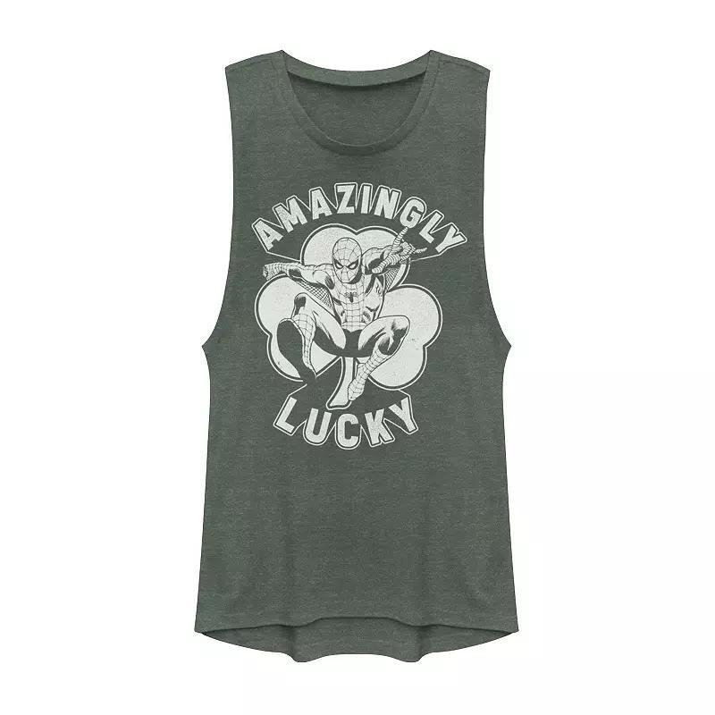 Juniors Marvel St. Pattys Amazingly Lucky Spider-Man Muscle Tank Top, Girls Pine Grey Product Image