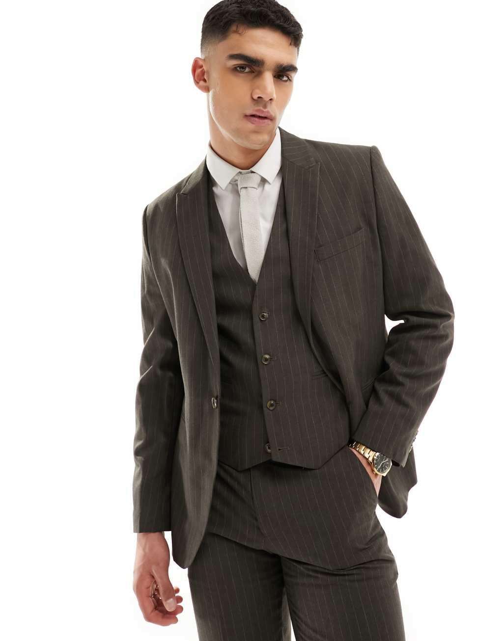 ASOS DESIGN slim suit jacket in brown pinstripe Product Image