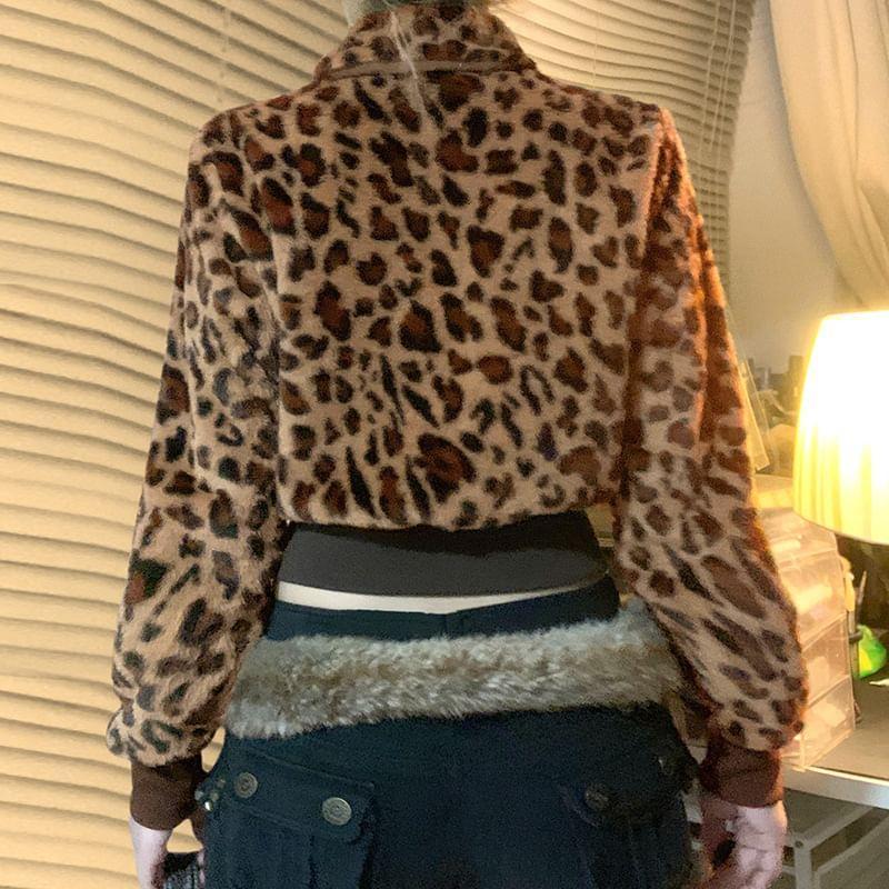 Leopard Print Long Sleeve Zip Up Collared Cropped Jacket Product Image