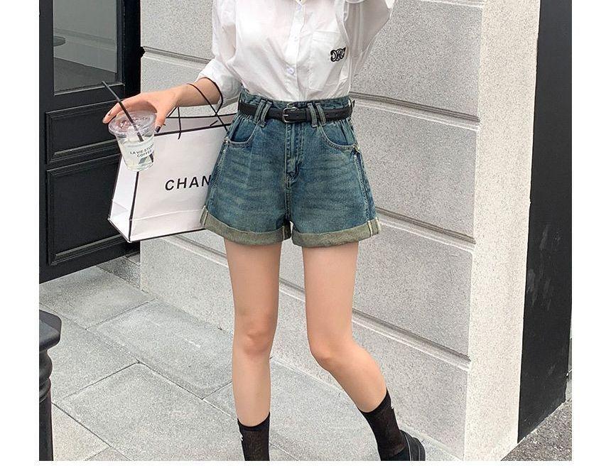 High Waist Roll Up Hem Denim Shorts Product Image