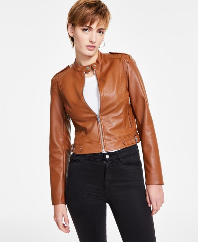 Guess Womens Faux-Leather Moto Jacket with Snap Collar Product Image