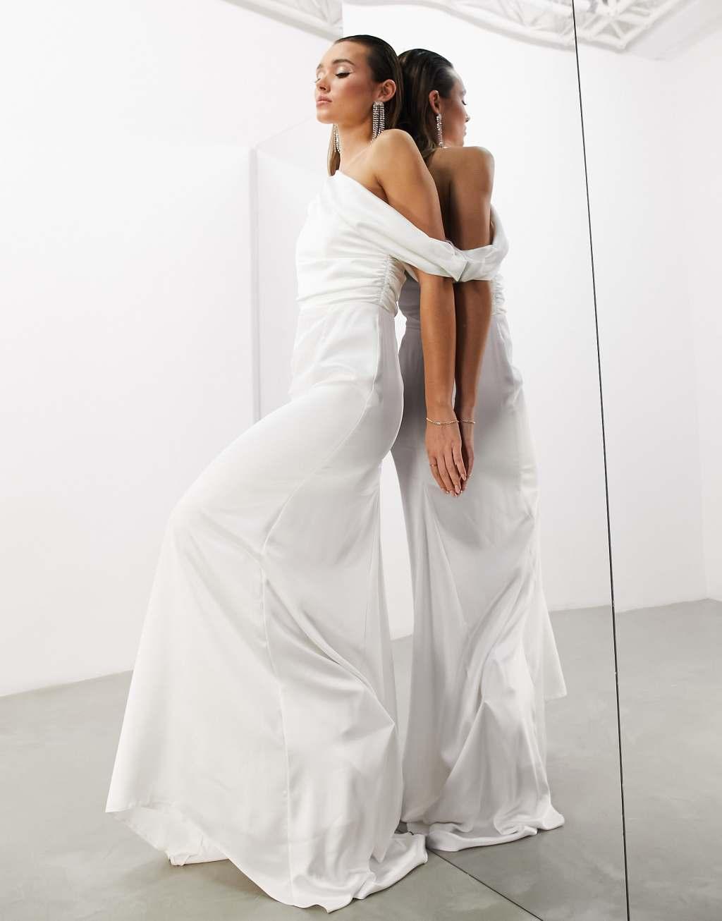 ASOS DESIGN Larisa satin draped shoulder bodice wedding dress with fishtail in ivory Product Image