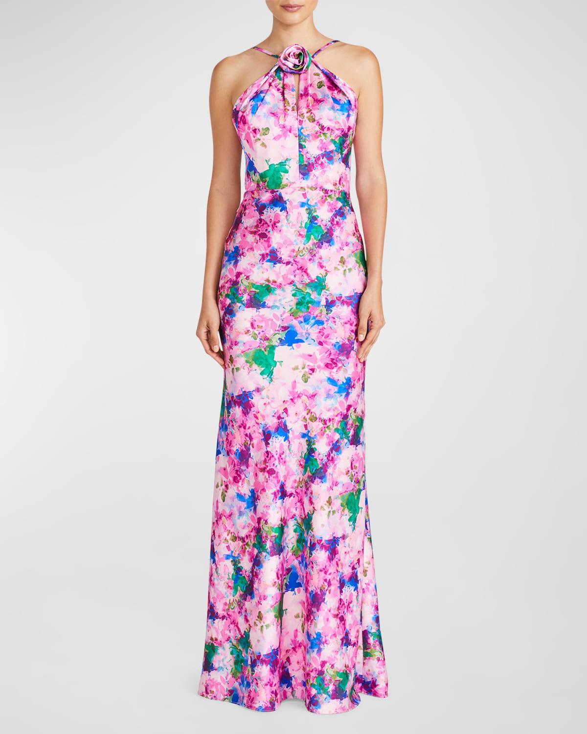 Womens Violette Satin Floral Halter Gown Product Image