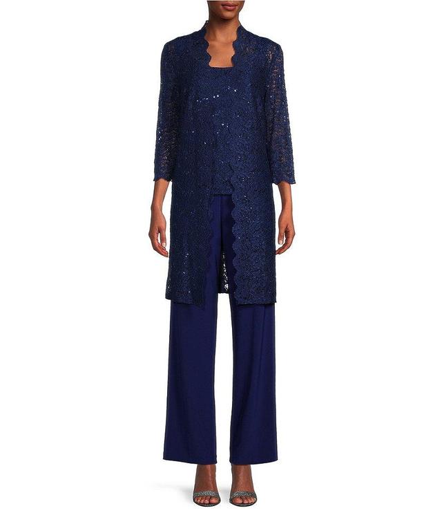 R & M Richards Sequin Glitter Scalloped Lace Scoop Neck 3/4 Sleeve 3-Piece Duster Pant Set Product Image