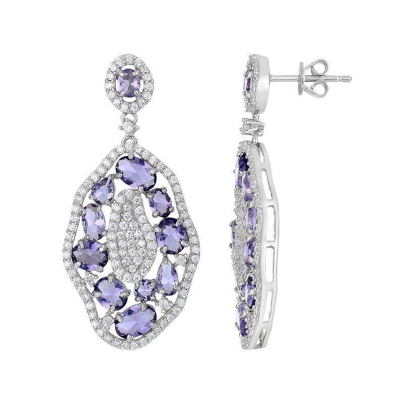 Sterling Silver Cubic Zirconia Cluster Drop Earrings, Womens, Purple Product Image