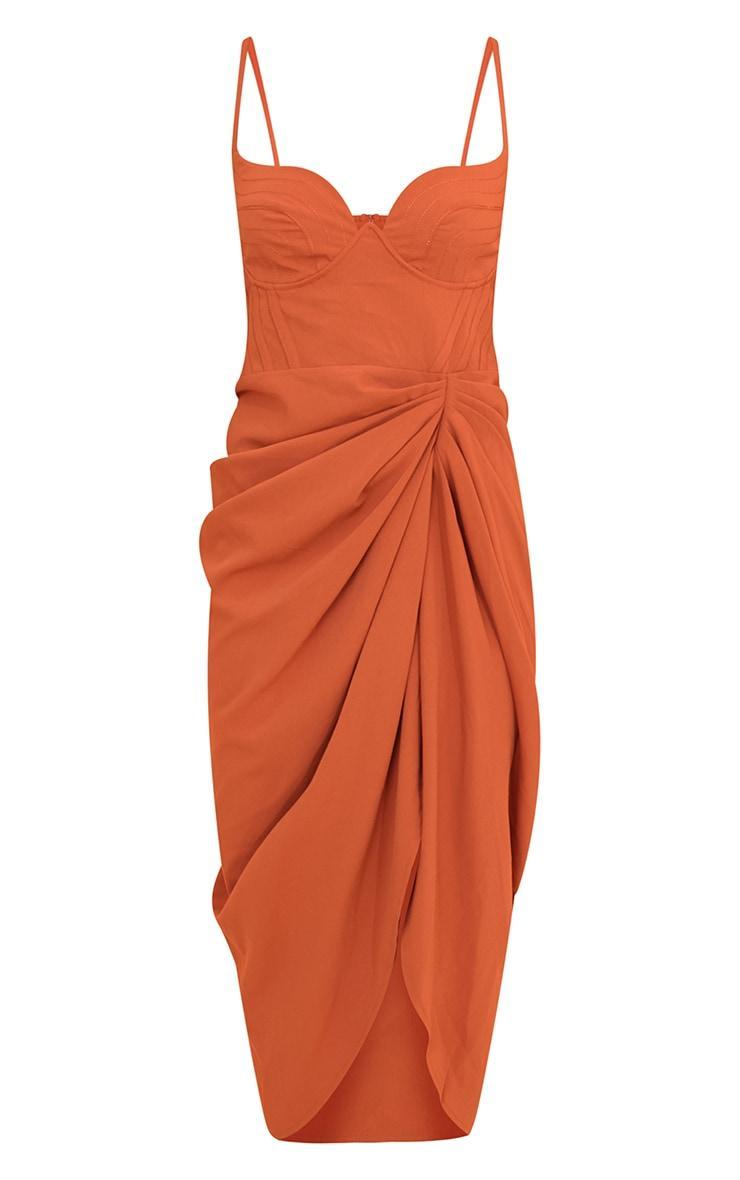 Rust Textured Cup Detail Underwired Draped Midi Dress Product Image