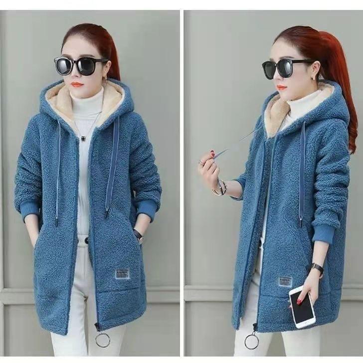 Plain Hooded Faux Shearling Long Zip Jacket Product Image