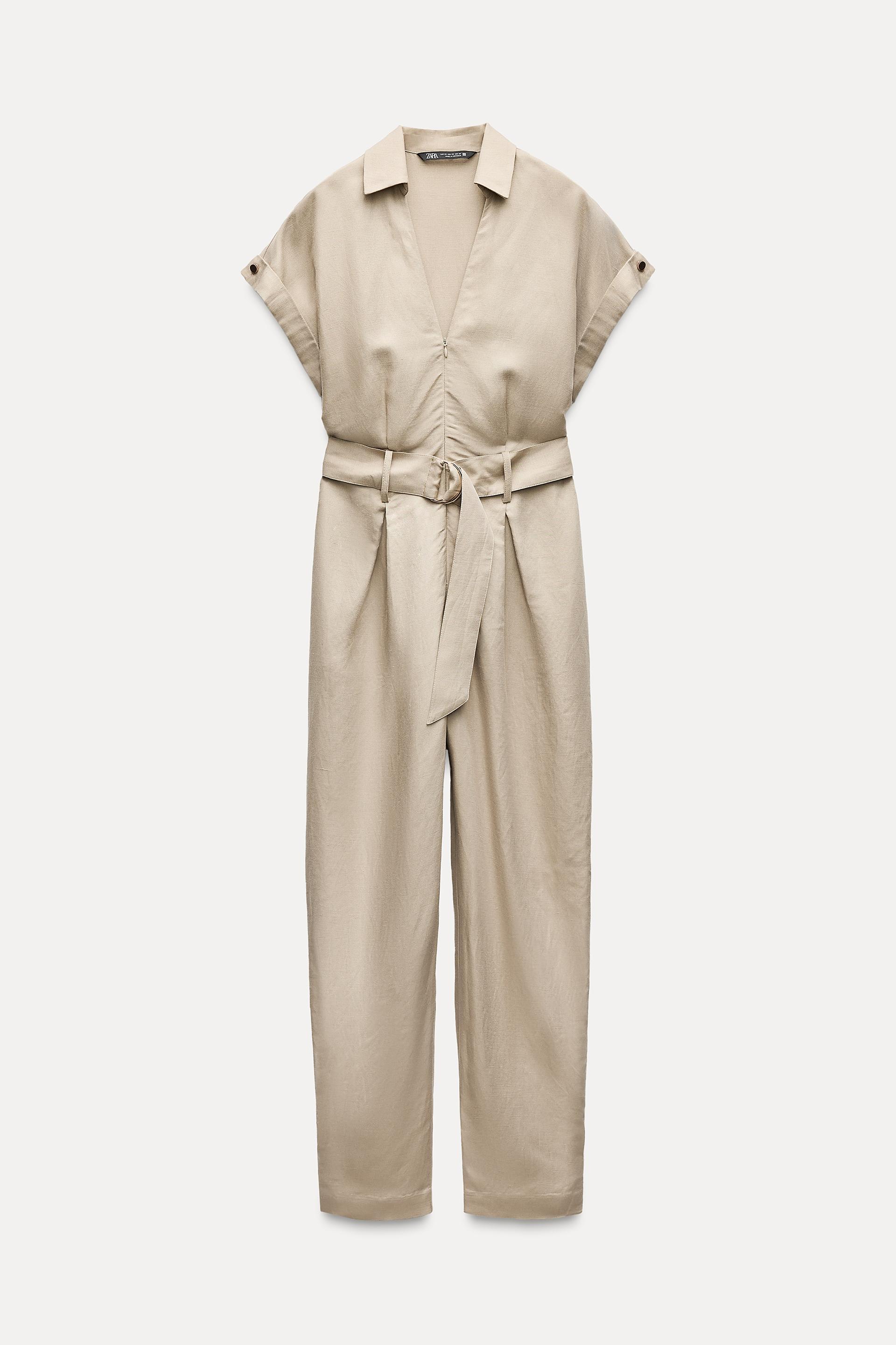 LINEN BLEND BELTED LONG JUMPSUIT Product Image