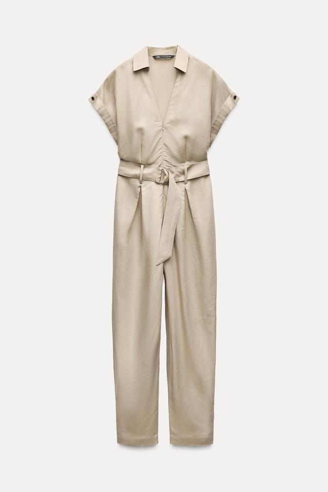 LINEN BLEND BELTED LONG JUMPSUIT Product Image