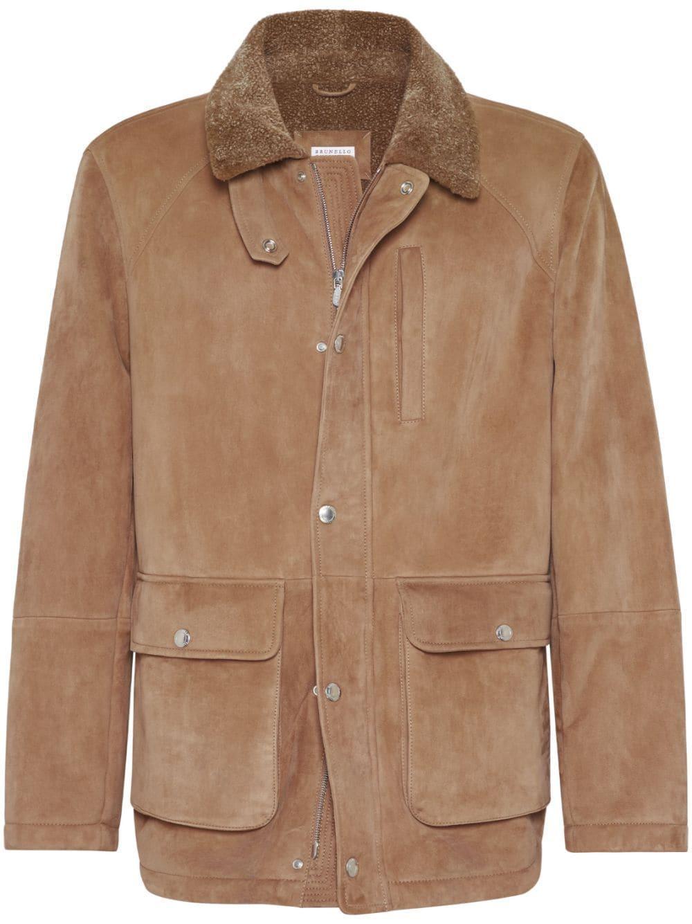 BRUNELLO CUCINELLI Shearling-collar Leather Jacket In Beige Product Image