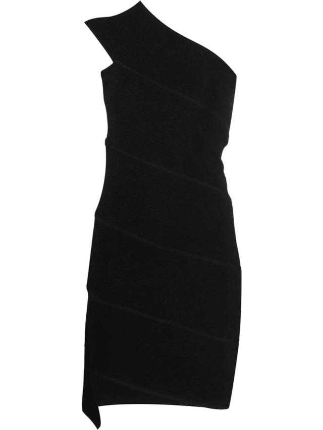 Asymmetric One-shoulder Ribbed Knitted Mini Dress In Black Product Image