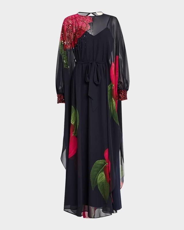 Gilda Floral-Print Chiffon Cape Gown Product Image