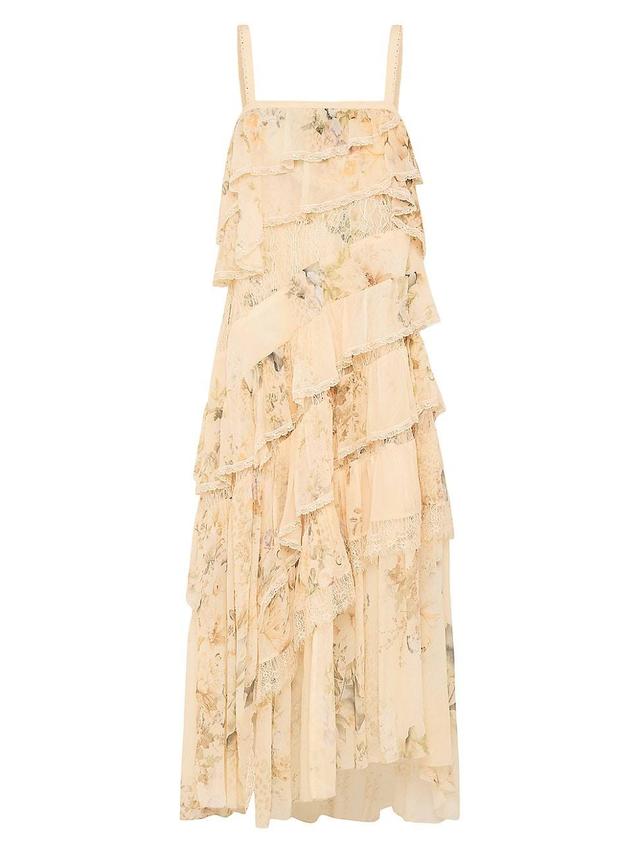 Womens Floral Lace Silk Tiered Maxi Dress Product Image