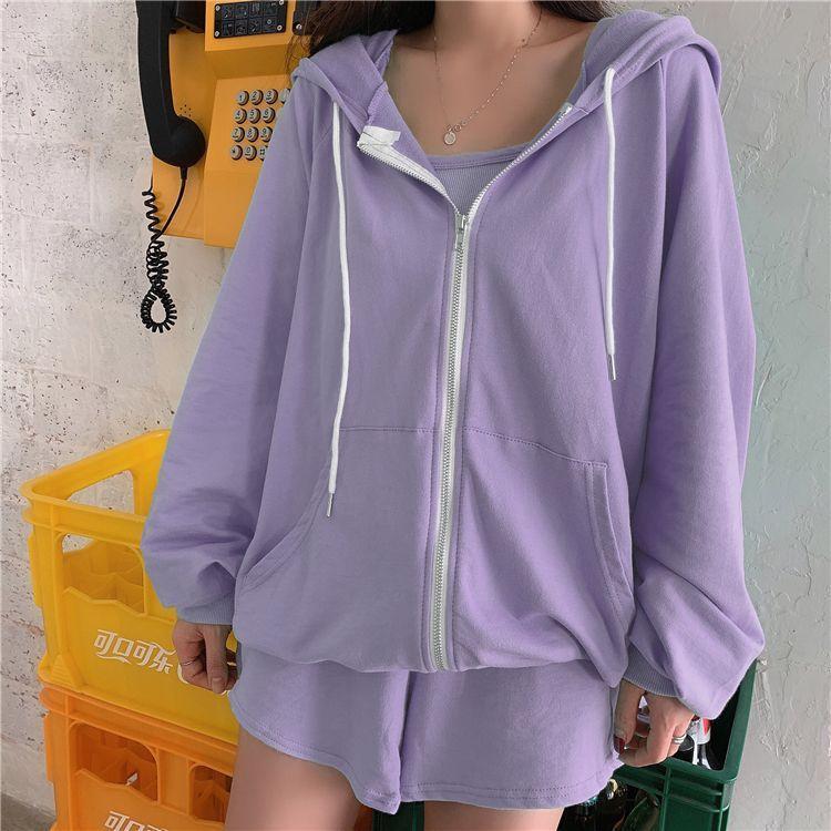 Set: Cropped Camisole Top + Drawstring Shorts + Zip-Up Hoodie Product Image