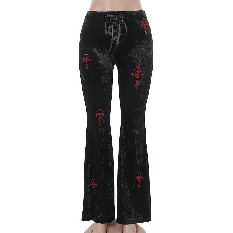 Mid Waist Embroidered Flared Pants Product Image