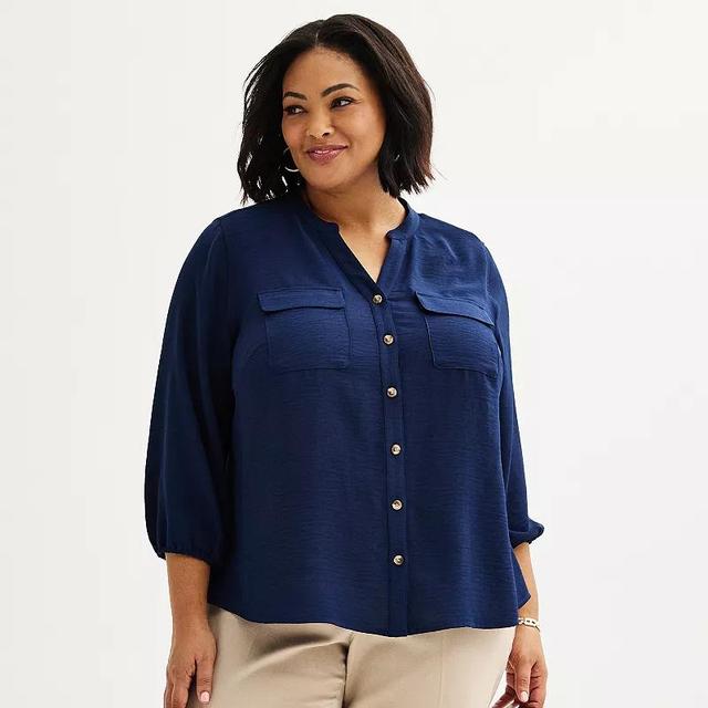 Plus Size Croft & Barrow Y Neck Button Front Blouse, Womens Seattle Blue Product Image