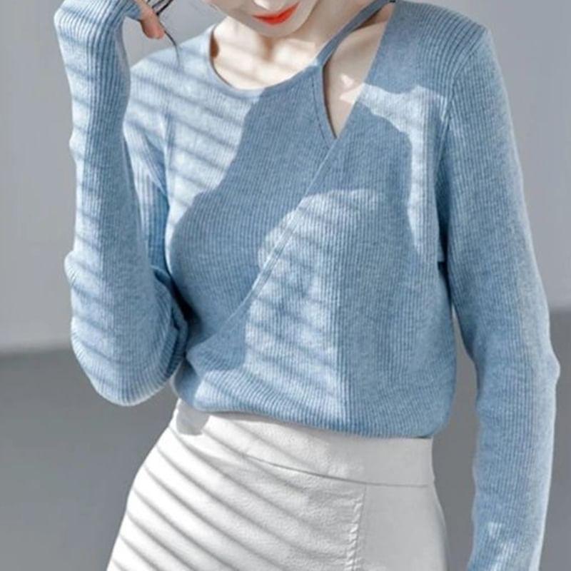 Asymmetrical Neck Plain Ribbed Sweater Product Image