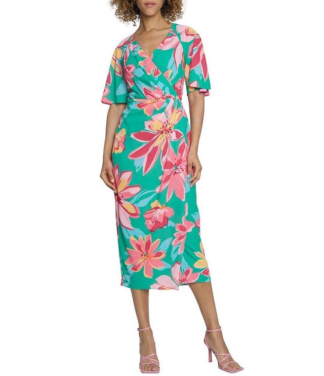 Maggy London Floral Print Bubble Crepe Surplice V-Neck Short Sleeve Wrap Midi Dress Product Image