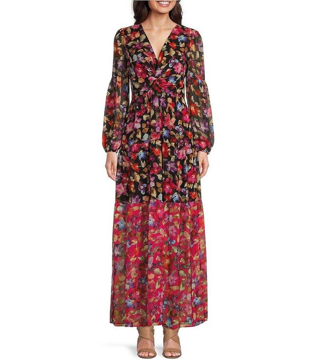 Vince Camuto Chiffon Floral Print V-Neck Long Sleeve Pocketed A-Line Maxi Dress Product Image