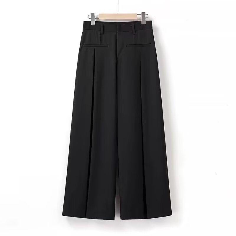 High Waist Plain Loose-Fit Wide-Leg Slacks Product Image