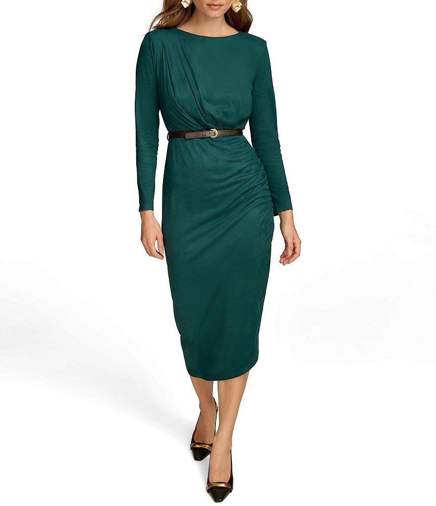 Donna Karan Luxe Suede Boat Neck Long Sleeve Belted Asymmetrical Sheath Dress Product Image