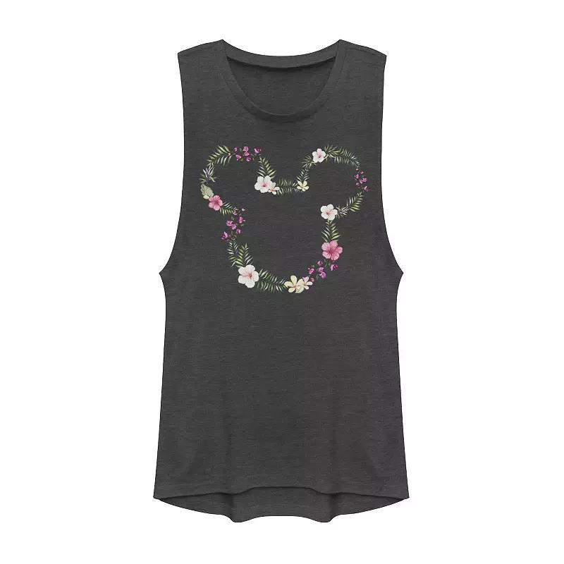 Disneys Mickey Mouse Juniors Floral Outline Muscle Graphic Tank Top, Girls Grey Product Image