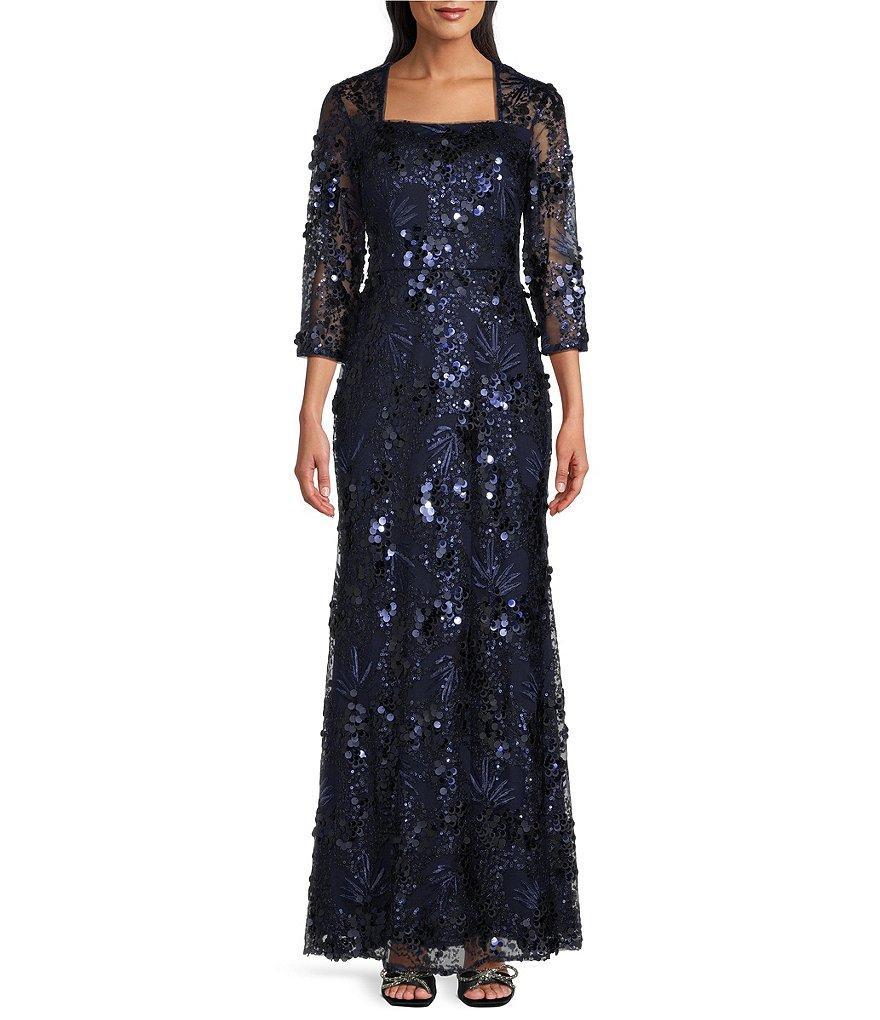 Alex Evenings 3/4 Sleeve Square Neck Sequin Gown Product Image