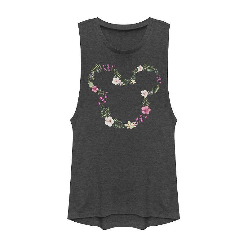 Disneys Mickey Mouse Juniors Floral Outline Muscle Graphic Tank Top, Girls Grey Product Image