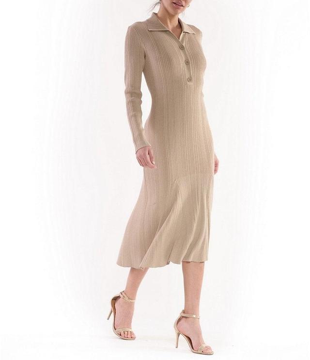 Julia Jordan Rib Knit Button Down Collar Long Sleeve Fit and Flare Midi Dress Product Image