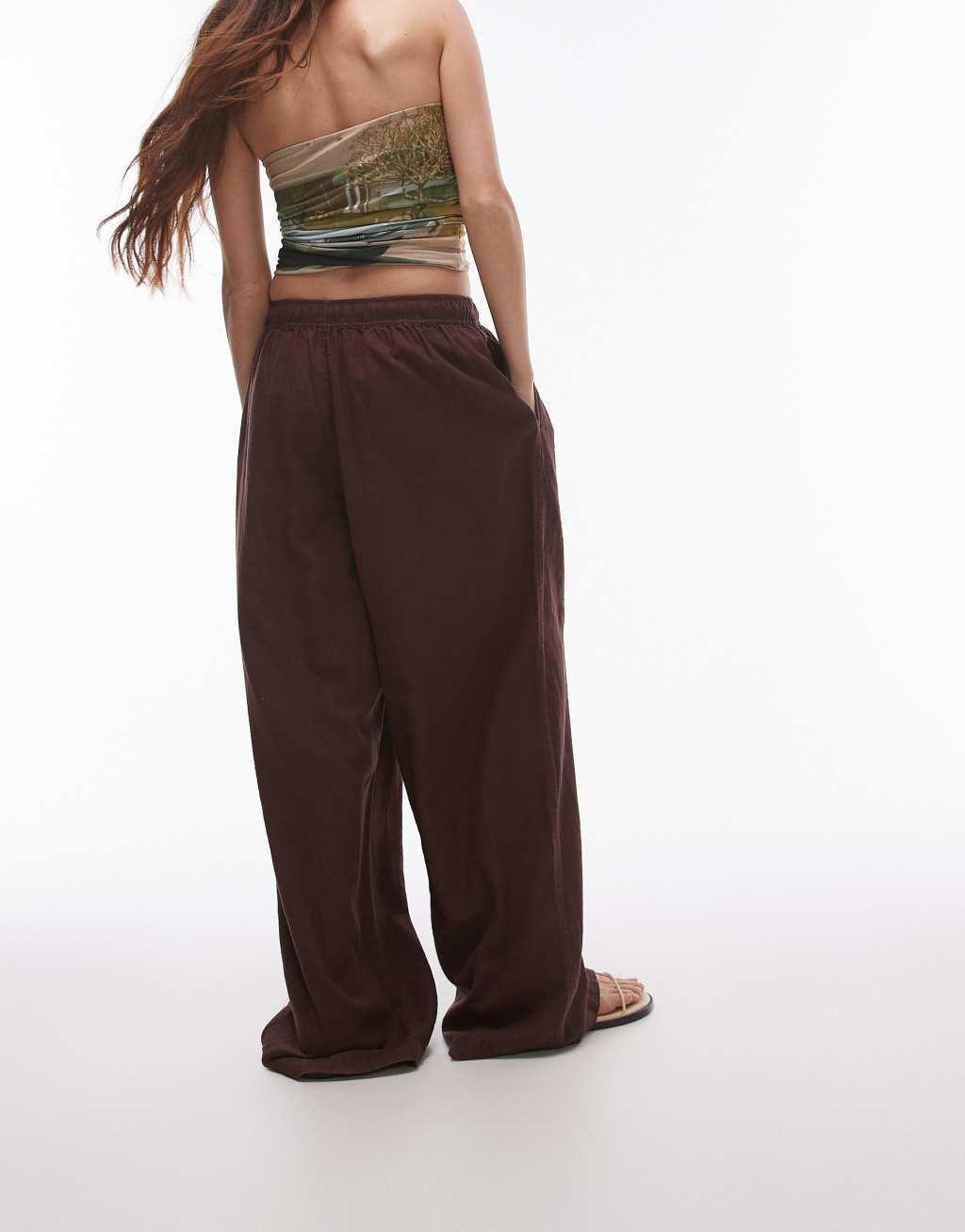 Topshop linen blend balloon pants in brown Product Image