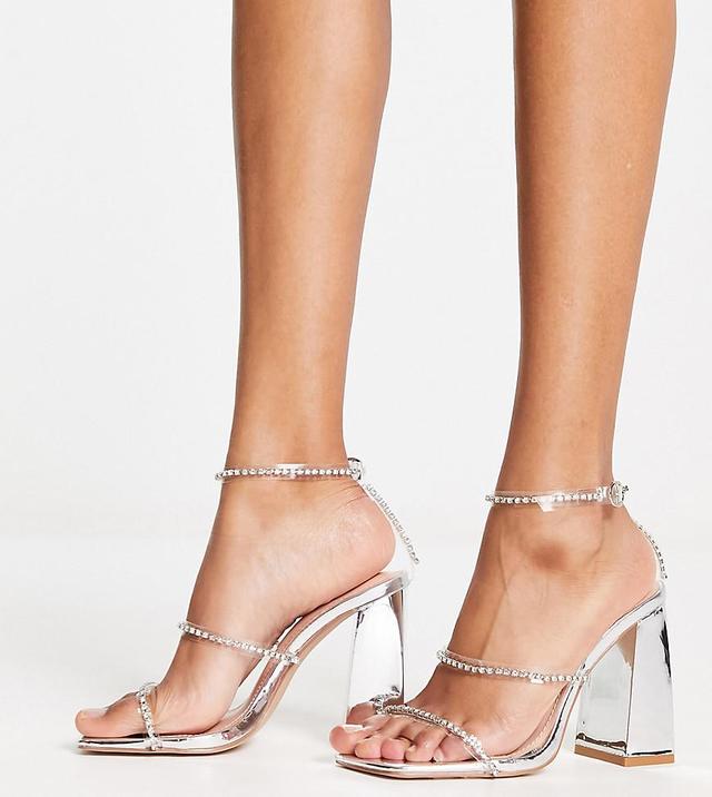 Simmi London Wide Fit Inez block heel embellished sandals in silver Product Image