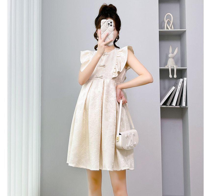 Maternity Cap-Sleeve Round Neck Jacquard Bow A-Line Dress Product Image