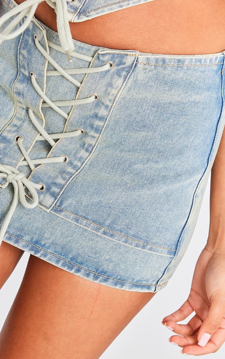 Vintage Mid Wash Lace Front Denim Mini Skirt Product Image