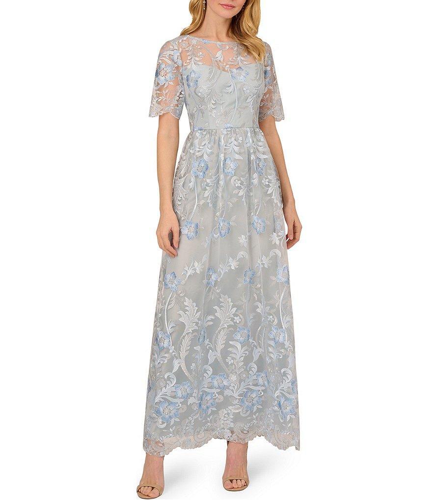 Adrianna Papell Embroidered Mesh Boat Neck Illusion Short Sleeve A-Line Gown Product Image