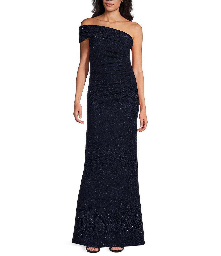 Eliza J Petite Size Asymmetrical Neck One Shoulder Sleeveless Glitter Knit Gown Product Image