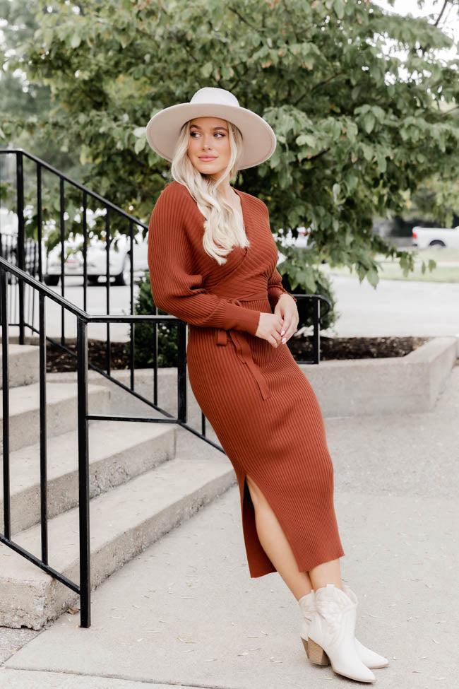 Main Event Burnt Orange Wrap Sweater Dress Product Image