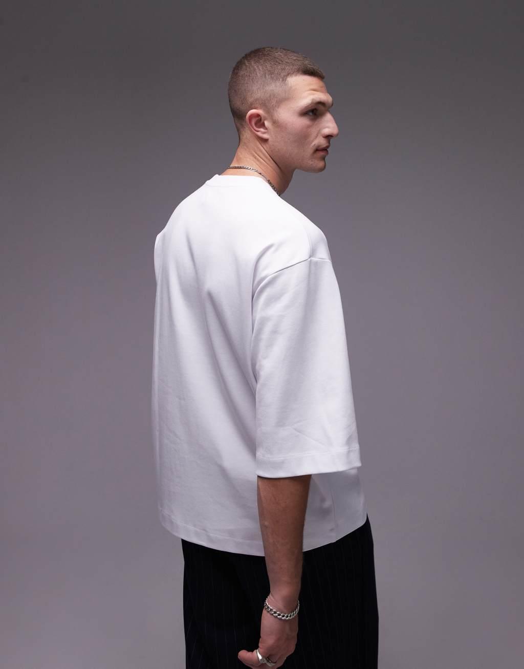 Topman premium heavyweight oversized fit mid sleeve T-shirt 370gsm in white Product Image