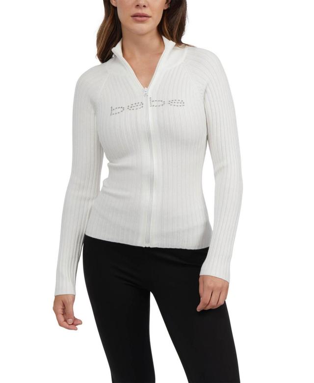 Bebe Womens Ribbed Zip Front Sweater with Fold Over Collar Product Image