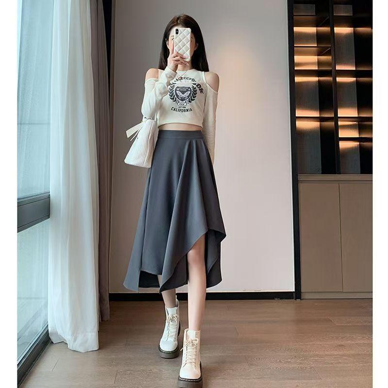 High Waist Plain Asymmetrical Midi A-Line Skirt Product Image