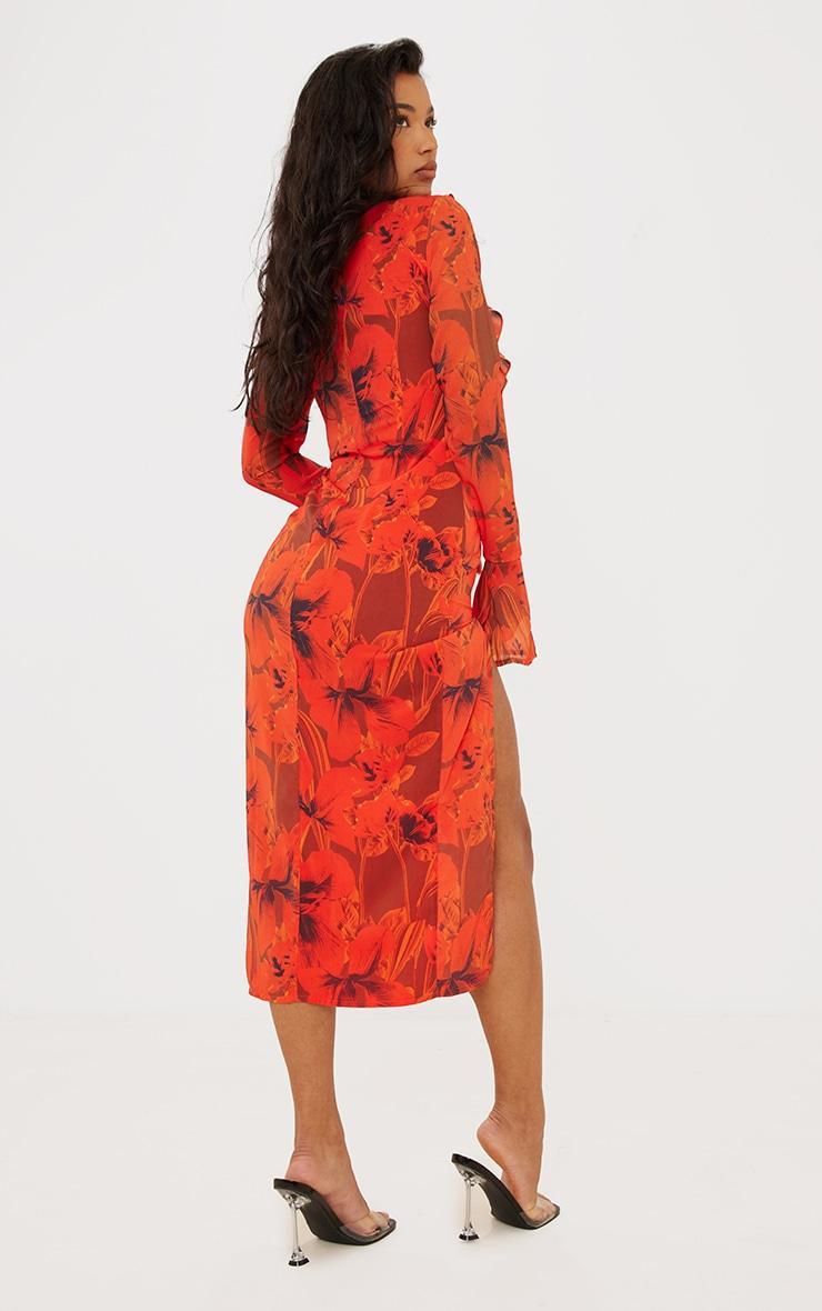 Red Floral Print Chiffon Frill Detail Midi Dress Product Image