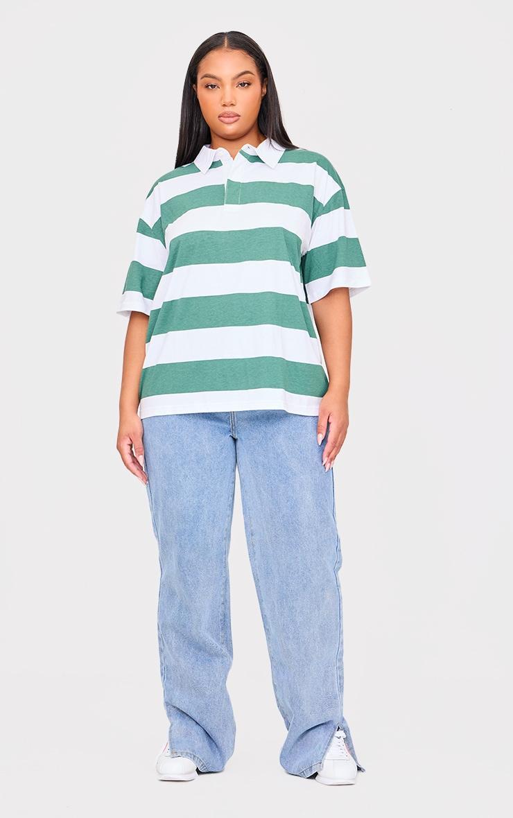 Plus Green Chunky Striped Collared Oversized T Shirt Product Image