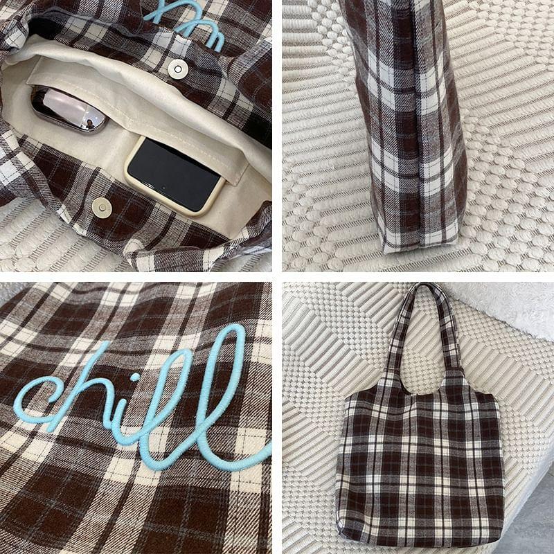 Plaid Lettering Embroidered Tote Bag Product Image