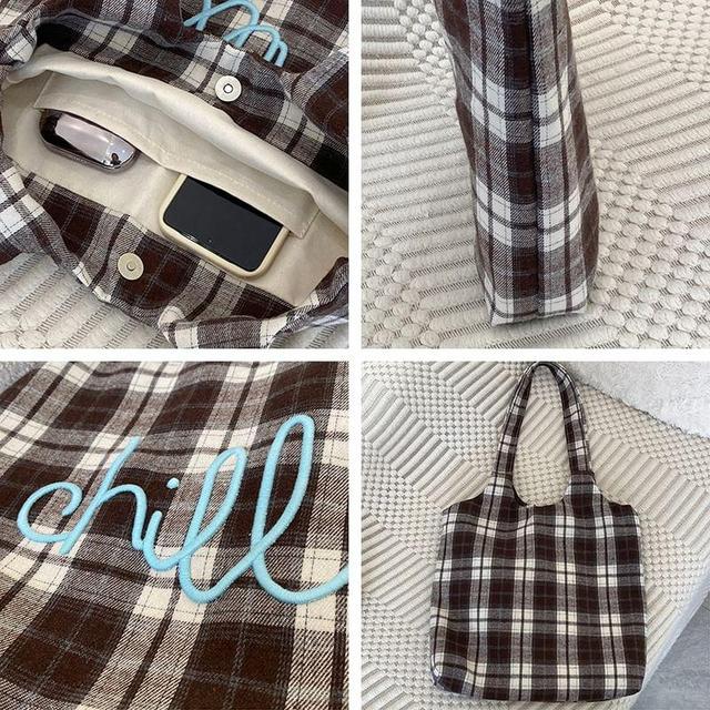 Plaid Lettering Embroidered Tote Bag Product Image