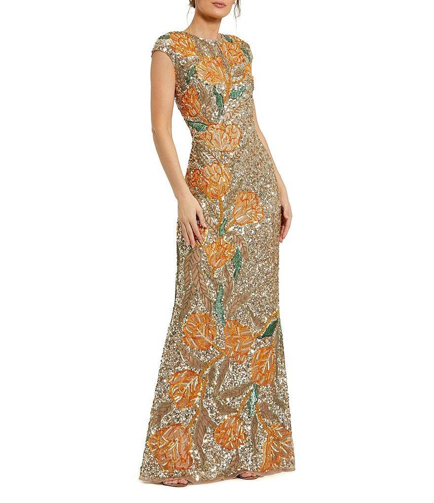 Mac Duggal Embellished Mesh Floral Beaded High Neck Cap Sleeve Mermaid Gown Product Image