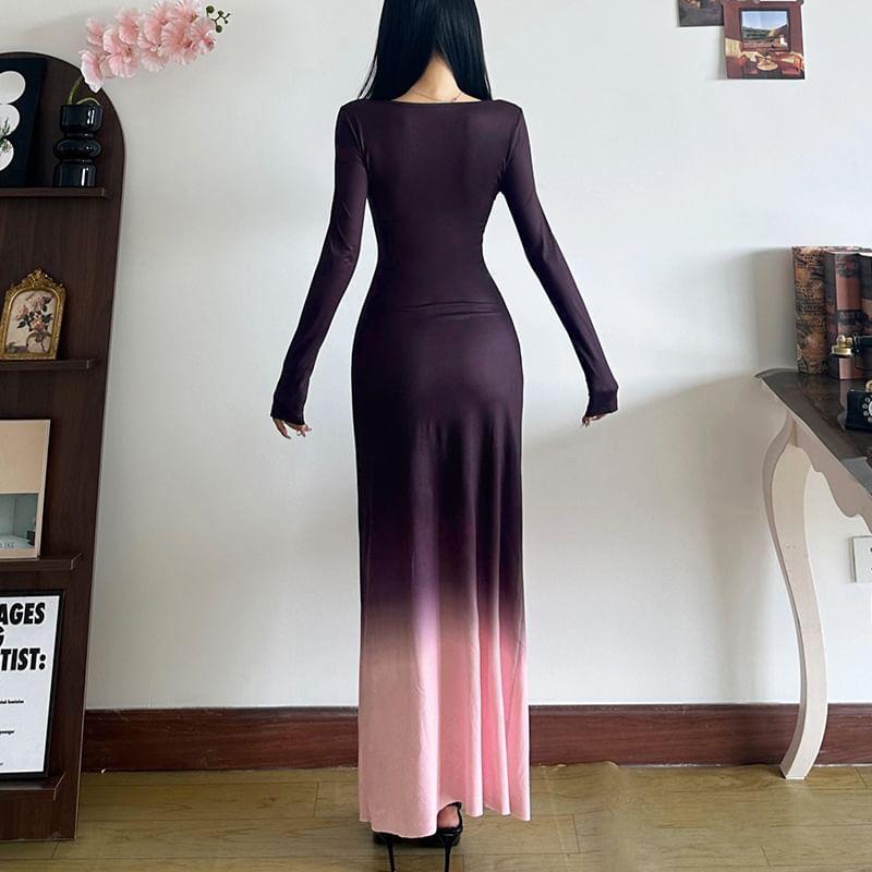 Long Sleeve V-Neck Gradient Ruched Maxi Sheath Dress Product Image