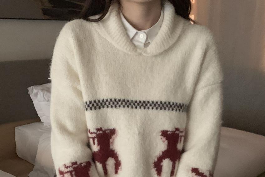 Shawl Collar Deer Jacquard Sweater Product Image