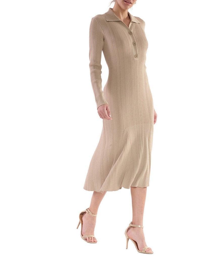 Julia Jordan Rib Knit Button Down Collar Long Sleeve Fit and Flare Midi Dress Product Image