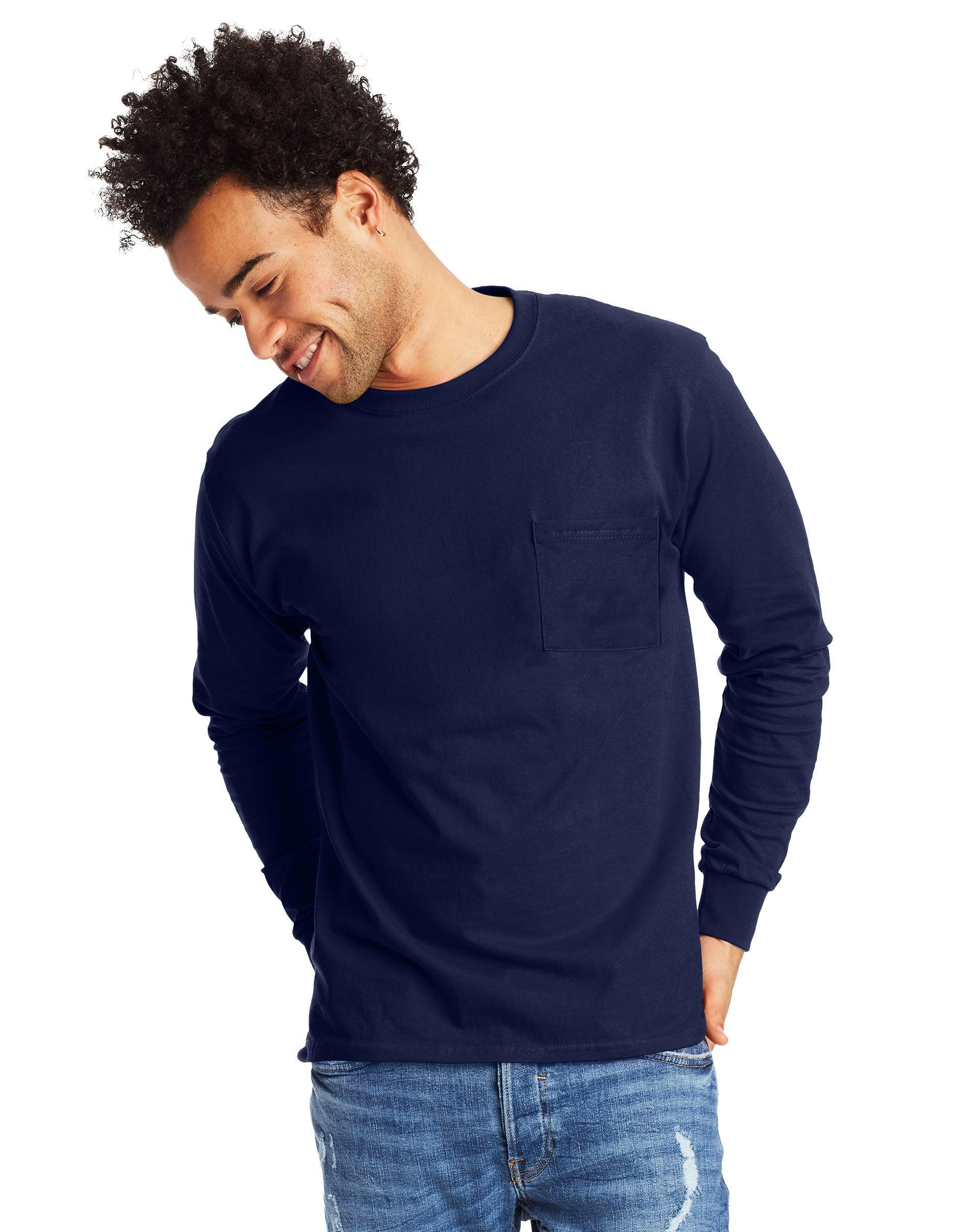 Hanes Essentials Mens Cotton Long Sleeve Pocket Tee White S Product Image