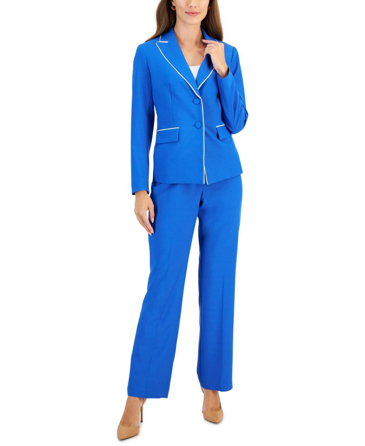 Le Suit Womens Contrast Trim Two-Button Jacket & Mid Rise Pant Suit - VANILLA ICE Product Image